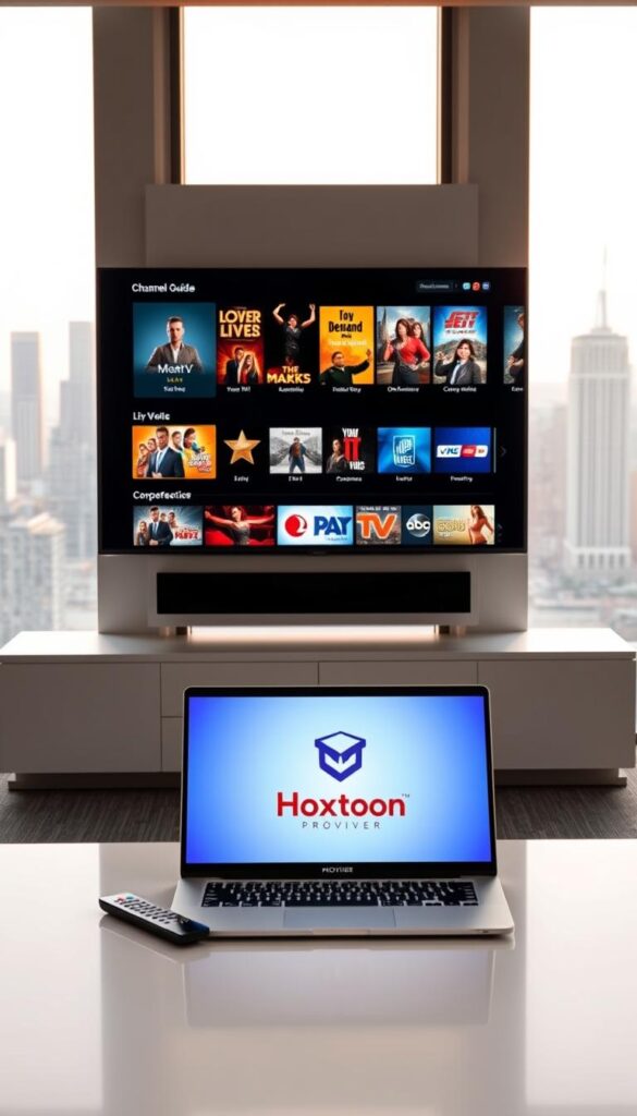A sleek, modern office setting with a large display screen showcasing the advanced features of the Hoxtoon Provider IPTV platform. In the foreground, a minimalist desk with a laptop, remote control, and a stylized Hoxtoon Provider logo. The middle ground features a wall-mounted flat-screen TV displaying various IPTV content options, including live TV channels, on-demand movies, and a comprehensive channel guide. The background has floor-to-ceiling windows overlooking a city skyline, bathed in warm, natural lighting. The overall atmosphere conveys a sense of professionalism, technology, and the cutting-edge capabilities of the Hoxtoon Provider IPTV service.