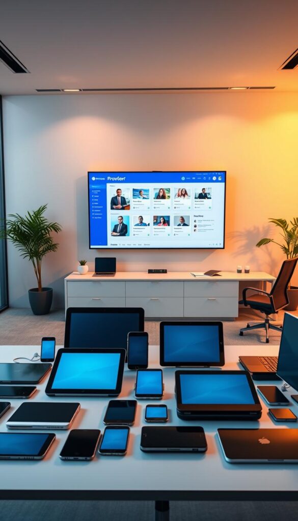 A sleek, modern office setting with a large, high-resolution display showcasing the Hoxtoon Provider multi-device support interface. The display is prominently positioned, illuminated by warm, directional lighting that casts subtle shadows, creating depth and dimension. In the foreground, an array of various mobile devices, tablets, and laptops are seamlessly connected to the Hoxtoon system, highlighting its cross-platform compatibility. The middle ground features a minimalist, ergonomic workspace with clean lines and a neutral color palette, allowing the technology to take center stage. The background subtly blurs, emphasizing the focal point of the Hoxtoon multi-device support capabilities.