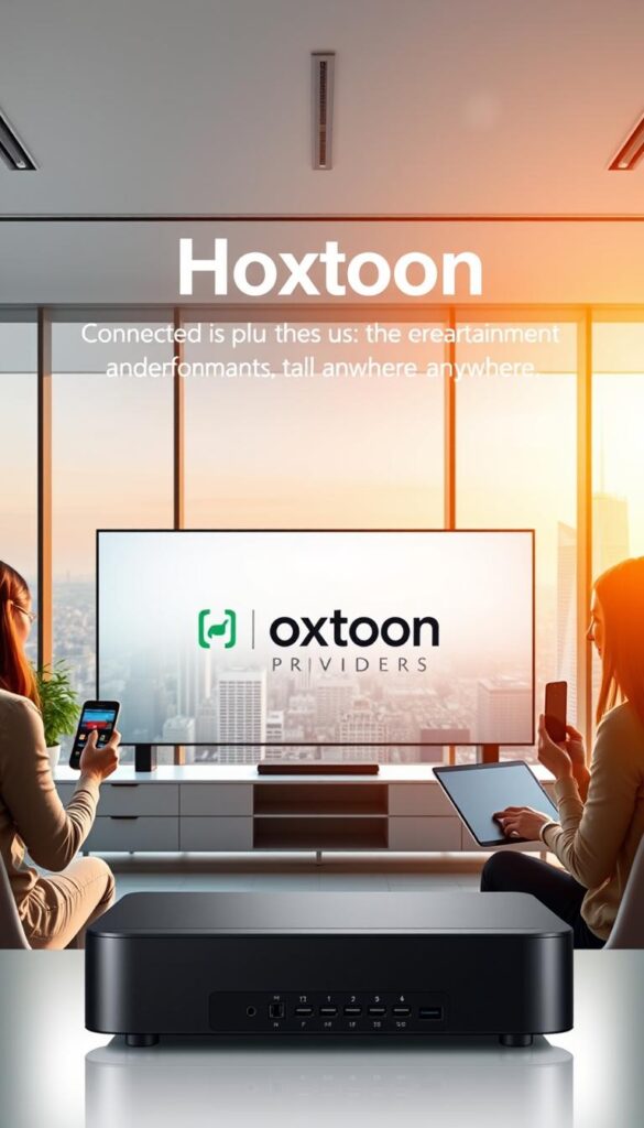 A sleek, modern office setting with a large, high-resolution display showcasing the Hoxtoon Provider logo. In the foreground, a group of people using various devices - a smartphone, a tablet, and a laptop - seamlessly connected and streaming content. The middle ground features a stylish, minimalist media console with multiple input ports, reflecting the multi-device support. The background showcases a large window overlooking a bustling city skyline, bathed in warm, natural lighting. The overall atmosphere conveys a sense of productivity, connectivity, and the convenience of accessing entertainment and information from anywhere.