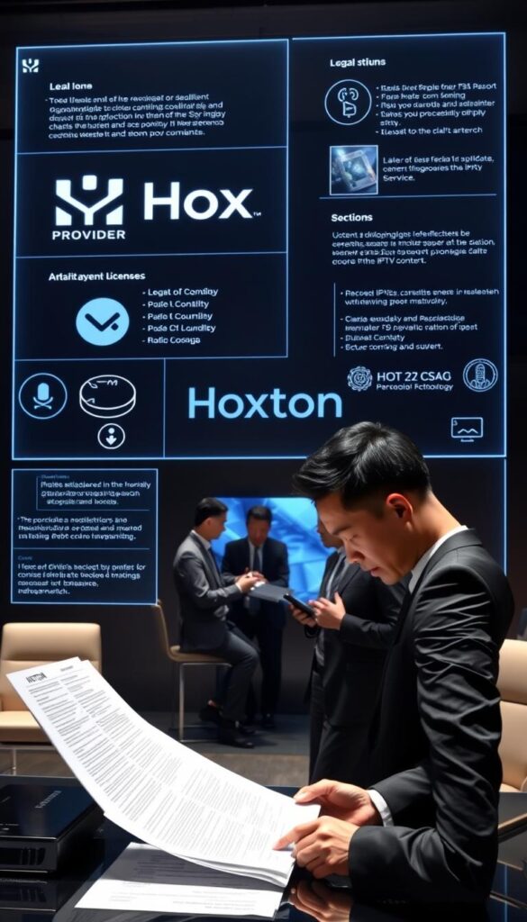 A sleek, modern office setting with a large, holographic display showcasing the Hoxtoon Provider logo and various IPTV service details. In the foreground, a business executive in a sharp suit examines legal documents, their expression conveying the complexities of IPTV content licensing. The middle ground features a team of legal and technology professionals engaged in discussion, hinting at the intricacies of navigating the legal landscape. The background is dimly lit, creating a sense of gravity and importance surrounding the subject matter.