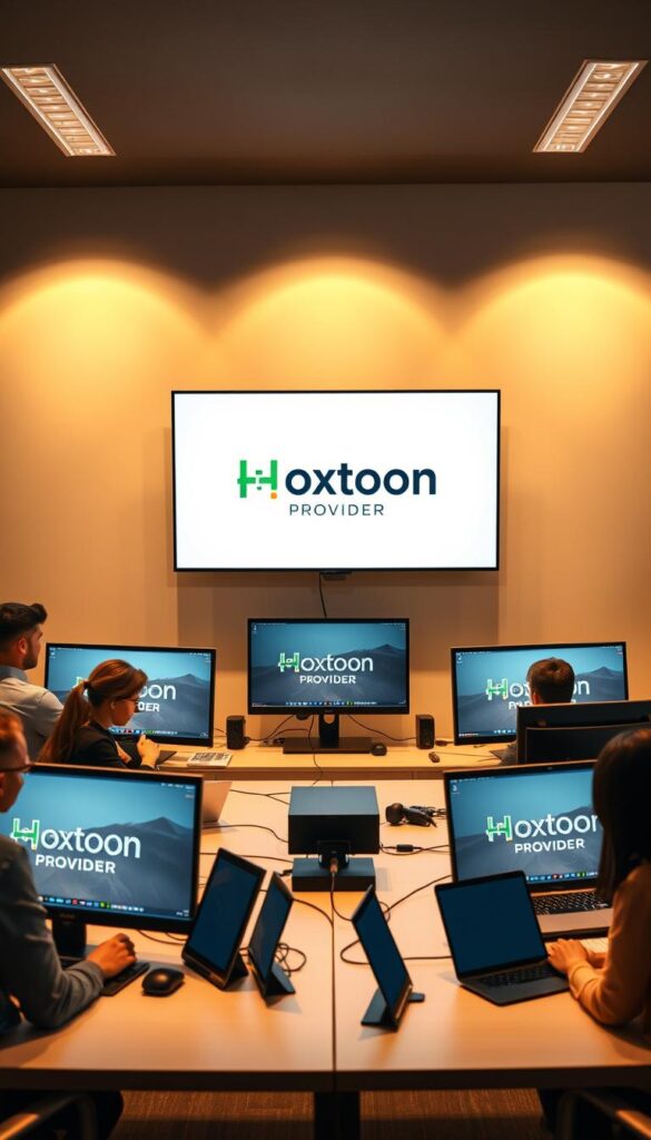 A sleek, modern office setting with multiple desktop computers and laptops connected to a central IPTV system. The Hoxtoon Provider logo is prominently displayed on the main screen, showcasing a seamless, high-quality streaming experience. Warm, diffused lighting illuminates the scene, creating a professional and collaborative atmosphere. The foreground features individuals of diverse backgrounds engaged in productive discussions, emphasizing the versatility and suitability of the IPTV system for families. The middle ground showcases the interconnected devices, highlighting the multiple connection capabilities, while the background features minimalist, yet stylish decor, maintaining a focus on the technology.