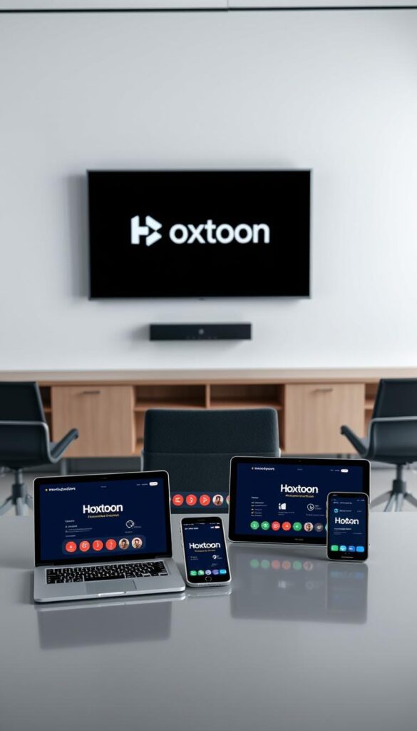 A sleek, modern office setting with multiple devices showcasing the Hoxtoon Provider platform. In the foreground, a stylish desk with a laptop, tablet, and smartphone arranged neatly, all displaying the Hoxtoon interface. The middle ground features a large, high-resolution monitor mounted on the wall, presenting the Hoxtoon multi-device experience. The background is a minimalist, well-lit space with clean lines and subtle textures, creating a professional and technology-focused atmosphere. The lighting is soft and diffused, accentuating the devices and their seamless integration. The overall composition conveys the ease and versatility of the Hoxtoon Provider service across a range of devices.