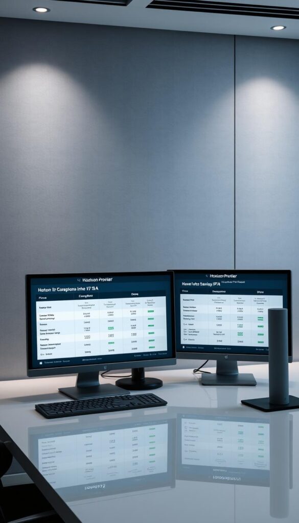 A sleek, modern office setting with three desktop computer screens displaying comparisons between the Hoxtoon Provider and other leading IPTV services in the USA. The screens show detailed feature breakdowns, pricing information, and customer satisfaction ratings in a clean, data-driven layout. Soft, indirect lighting creates a professional atmosphere, while the desk surface reflects the screens, creating a sense of depth. The background features a minimalist, monochromatic wall with subtle textures, allowing the technology to take center stage. The overall composition conveys a sense of informed decision-making for the prospective IPTV customer.