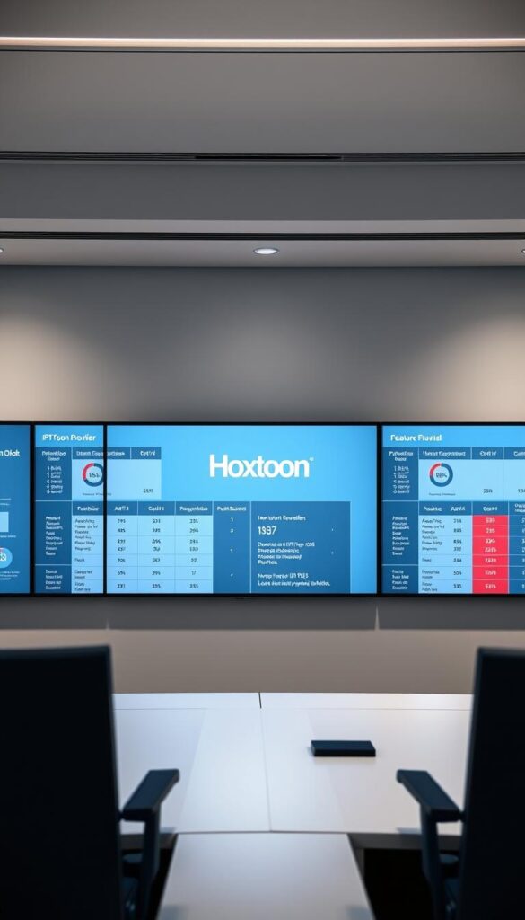 A sleek, modern office setting with three large monitors displaying comparative data on IPTV service providers. The central monitor showcases the "Hoxtoon Provider" brand prominently, surrounded by detailed statistics, graphs, and feature comparisons against other leading IPTV services available in Austria. Soft, indirect lighting casts a professional, authoritative tone, while the composition emphasizes the analytical, data-driven nature of the content. The scene conveys an air of expertise and informed decision-making, suitable for an article section on assessing IPTV options.
