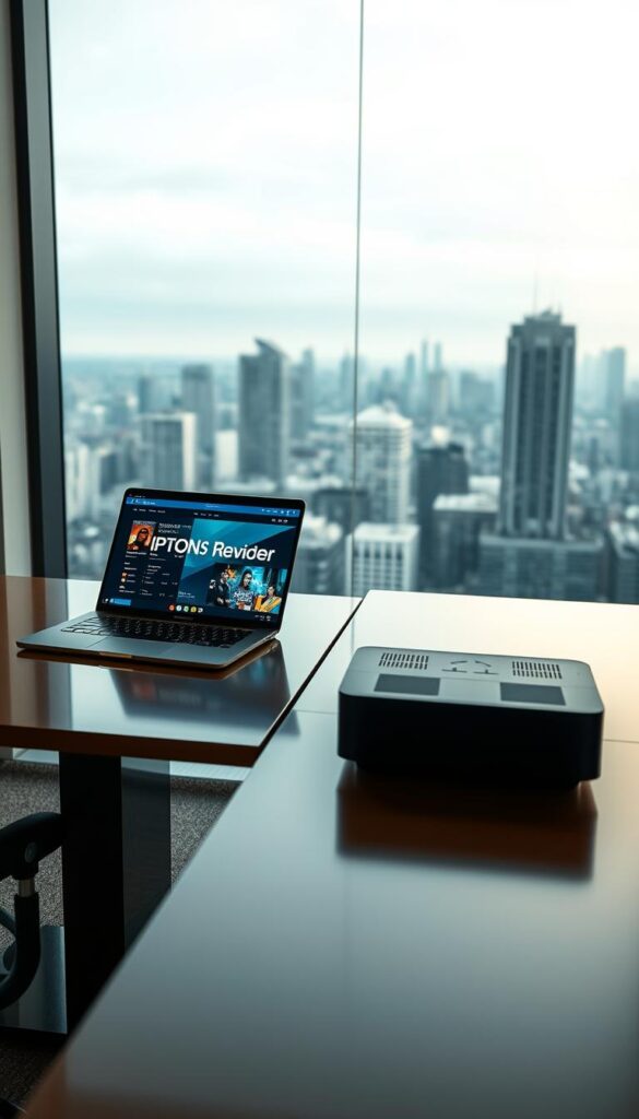 A sleek, modern office setting with two adjacent desks showcasing a laptop displaying an IPTV service interface on the left, and a cable TV box on the right. The desks are well-lit, with warm, focused lighting highlighting the technology. In the background, a large window overlooks a cityscape, creating a sense of sophistication and urban energy. The branding "Hoxtoon Provider" is prominently displayed on the laptop screen. The overall mood conveys a comparison of the pricing and value proposition between the two media delivery platforms.