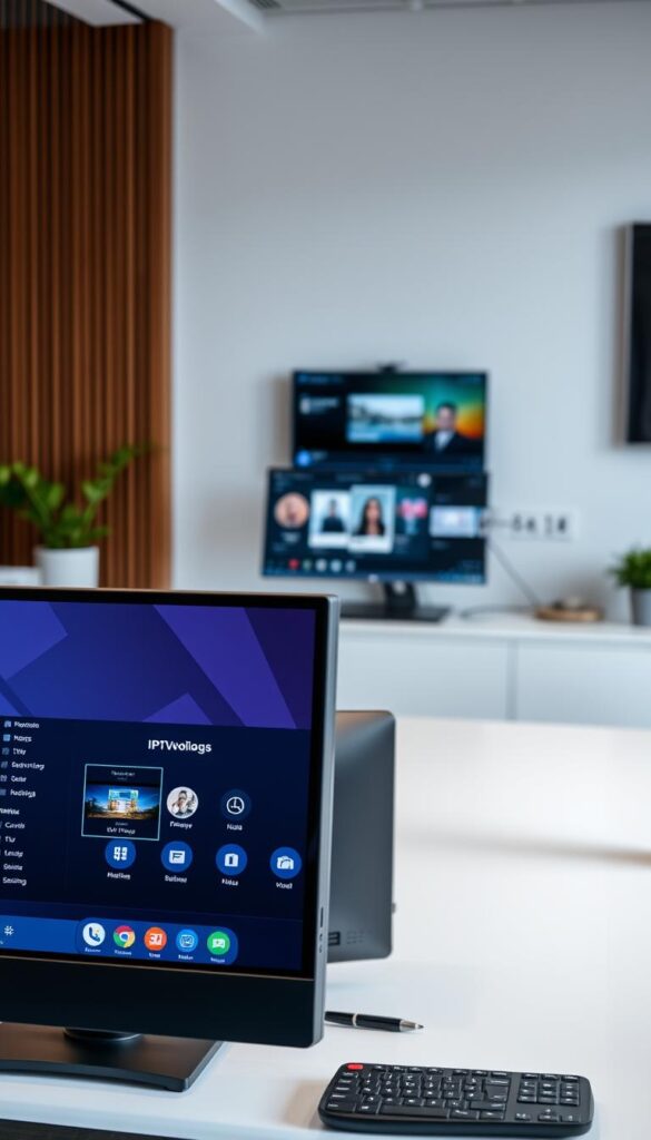 A sleek, modern office setting with two desktop computers showcasing IPTV player software interfaces on their screens. In the foreground, a high-quality close-up of the Hoxtoon Provider IPTV player interface, its clean design and intuitive controls prominently displayed. In the middle ground, a second computer screen reveals a comparative view of another leading IPTV player, allowing side-by-side evaluation. The background features tasteful, minimalist decor, with subtle lighting highlighting the technology on display. An atmosphere of professionalism and productivity pervades the scene, inviting the viewer to consider the merits of these IPTV players for Windows and Mac computers.