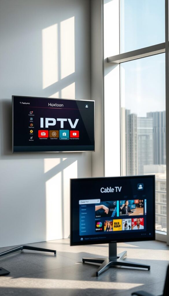 A sleek, modern office setting with two large, adjacent screens displaying the logos and features of "IPTV" and "Cable TV" systems. The IPTV screen showcases a Hoxtoon Provider interface, highlighting its advanced streaming capabilities, on-demand content, and personalized recommendations. The Cable TV screen depicts a traditional cable box and program guide, conveying its linear channel-based experience. The room is well-lit, with large windows casting natural light and creating a sense of professionalism and objectivity. The overall atmosphere encourages a thoughtful comparison between the two technologies, inviting the viewer to consider the potential drawbacks and benefits of each.