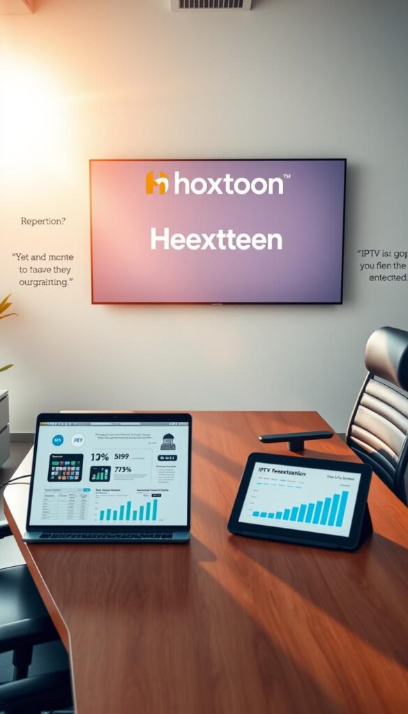 A sleek, modern office space with a large monitor displaying the Hoxtoon Provider logo. Sunlight streams in through floor-to-ceiling windows, casting a warm glow on the polished wood desk and ergonomic office chair. On the desk, a laptop and tablet showcase IPTV reseller metrics and plans, with icons and graphs illustrating the growth potential. The walls are adorned with inspirational quotes about entrepreneurship and digital transformation. A sense of professionalism and opportunity pervades the scene, encouraging the viewer to consider the lucrative IPTV reseller business.