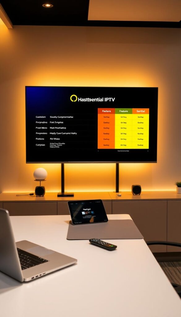 A sleek, modern office workspace with a large monitor displaying a comparison of essential IPTV features. On the desk, various devices like a laptop, tablet, and remote control are neatly arranged. The Hoxtoon Provider logo is prominently featured on the monitor, showcasing its comprehensive IPTV offering. Warm, indirect lighting creates a professional atmosphere, with clean lines and minimalist design elements accentuating the focus on the technology and its capabilities.