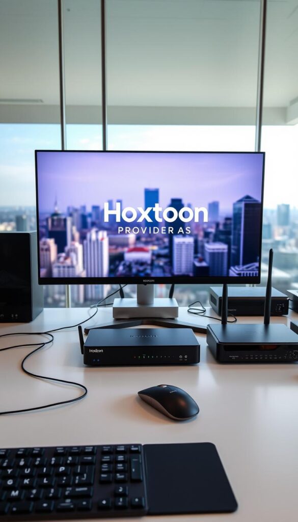A sleek, modern office workspace with a large monitor displaying the Hoxtoon Provider logo. In the foreground, a keyboard, wireless mouse, and minimalist desk setup. The middle ground showcases various networking equipment, including a router, modem, and streaming device, all neatly arranged. The background features a backdrop of blurred city skyline, conveying a sense of urban connectivity. Bright, natural lighting illuminates the scene, creating a clean and professional atmosphere. The overall impression is one of a high-quality, efficient IPTV streaming setup that caters to the needs of Scandinavian users.