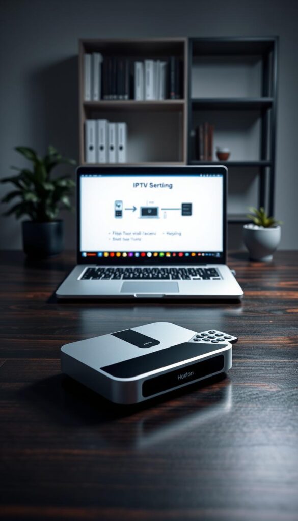 A sleek, modern setup guide for IPTV worldwide lifetime access, showcased on a sophisticated dark wood desk. In the foreground, a silver and black Hoxtoon Provider device sits alongside a high-end remote control, casting a subtle glow. The middle ground features a laptop displaying the IPTV setup instructions, the screen crisp and clear. In the background, a minimalist bookshelf and potted plant create a calming, professional atmosphere, illuminated by soft, directional lighting from above. The overall scene conveys a sense of simplicity and efficiency, reflecting the ease of setting up the Hoxtoon Provider IPTV service worldwide.