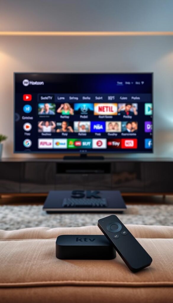 A sleek, modern setup of the Hoxtoon Provider IPTV service displayed on a large 4K TV. The TV screen shows the Hoxtoon interface, with clean and intuitive menus showcasing a wide selection of live TV channels and on-demand content. In the foreground, a high-end streaming device, such as a Nvidia Shield or Apple TV, is prominently placed, hinting at the high-quality hardware required for the best Hoxtoon IPTV experience. The middle ground features a wireless keyboard and remote control, emphasizing the ease of navigation. The background depicts a stylish, minimalist living room setting, creating an atmosphere of comfort and technology integration. Soft, warm lighting accentuates the premium, seamless setup, inviting the viewer to imagine their own Hoxtoon IPTV experience.