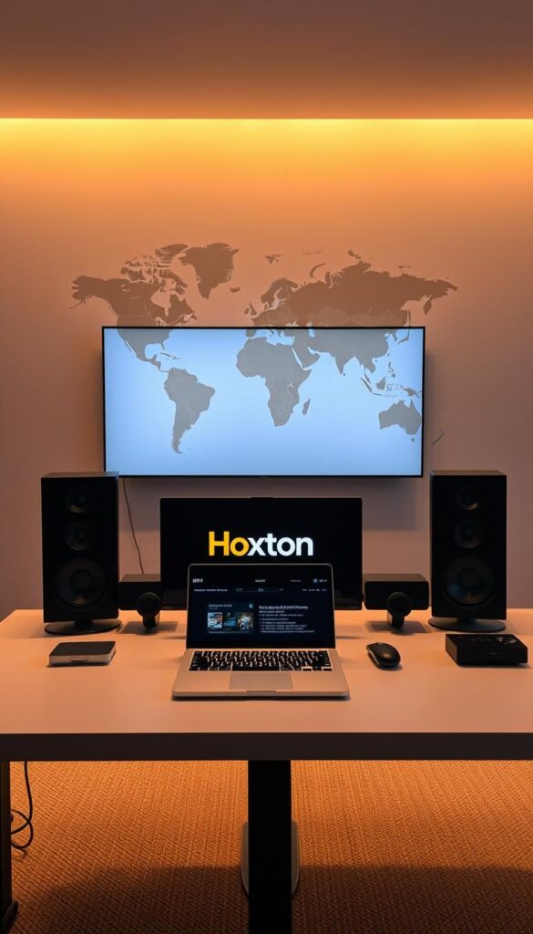 A sleek, modern setup showcasing the Hoxtoon Provider IPTV service. A minimalist desk with a laptop displaying the Hoxtoon interface, surrounded by a high-end monitor and audio equipment. Warm, directional lighting illuminates the scene, creating a cozy, professional atmosphere. In the background, a large world map on the wall suggests the wide range of international content available. The overall impression is one of a high-quality, user-friendly IPTV solution tailored for the US market.