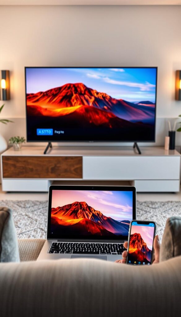 A sleek, modern setup showcasing the Hoxtoon Provider IPTV service. In the foreground, a high-end smart TV displays a crisp, buffering-free video stream. The TV is placed on a minimalist, wood-and-steel entertainment center, with elegant lighting fixtures casting a warm glow. In the middle ground, a laptop and mobile device demonstrate the seamless cross-device compatibility of the Hoxtoon IPTV platform. The background features a stylish, contemporary living room setting, with large windows allowing natural light to flood the space. The overall atmosphere conveys a sense of reliability, high-quality service, and a premium user experience.