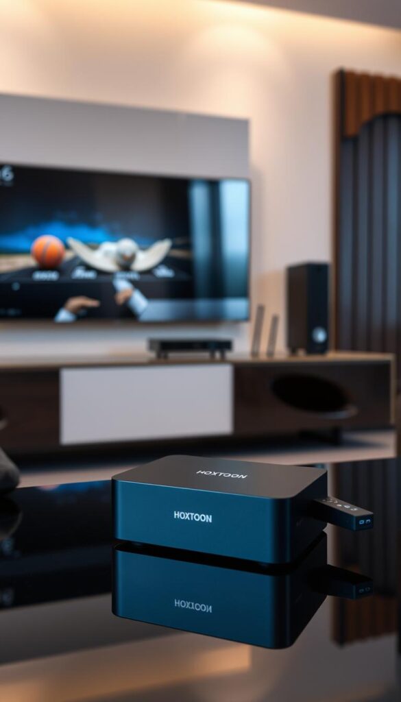 A sleek, modern setup showcasing the Hoxtoon Provider IPTV service. In the foreground, a state-of-the-art streaming box with a clean, minimal design sits atop a glossy black surface. The screen displays a crisp, high-definition image with vibrant colors and deep blacks, capturing the superior video quality of the IPTV service. In the middle ground, a high-end 4K television mounted on the wall provides an immersive viewing experience. Soft, indirect lighting creates a warm, inviting atmosphere, while the background features a sophisticated home entertainment setup with carefully curated decor elements. The overall scene conveys the premium quality, reliability, and user-friendly nature of the Hoxtoon Provider IPTV service.