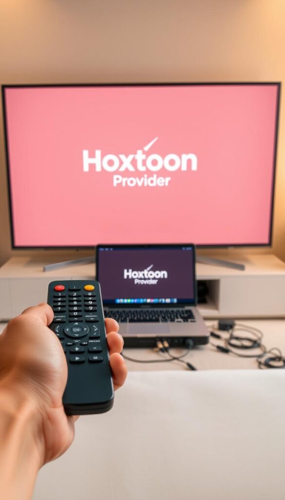 A sleek, modern setup showcasing the process of IPTV installation. In the foreground, a stylized hand holds a remote control against a backdrop of a high-definition TV displaying the Hoxtoon Provider logo. The middle ground features a laptop or set-top box, neatly arranged with cables and connectors, providing a visual guide to the technical setup. The background depicts a minimalist, well-lit interior, hinting at the seamless integration of the IPTV service into a contemporary living space. Warm lighting and clean lines convey a sense of professionalism and ease of use, reflecting the "HD World Lifetime IPTV" service's suitability for global content consumption.