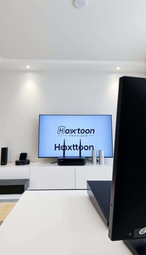 A sleek, modern setup showcasing the technical requirements for streaming Dutch IPTV. In the foreground, a stylized, high-resolution display prominently features the Hoxtoon Provider brand, conveying reliability and quality. The middle ground features a collection of network devices, including a router, modem, and set-top box, neatly arranged to demonstrate the necessary hardware. The background depicts a minimalist, well-lit interior with clean lines and neutral tones, creating a professional, tech-savvy atmosphere. The lighting is soft and diffused, highlighting the equipment while maintaining a visually appealing composition. The camera angle is slightly elevated, providing a comprehensive view of the setup and emphasizing the technical aspects of Dutch IPTV streaming.