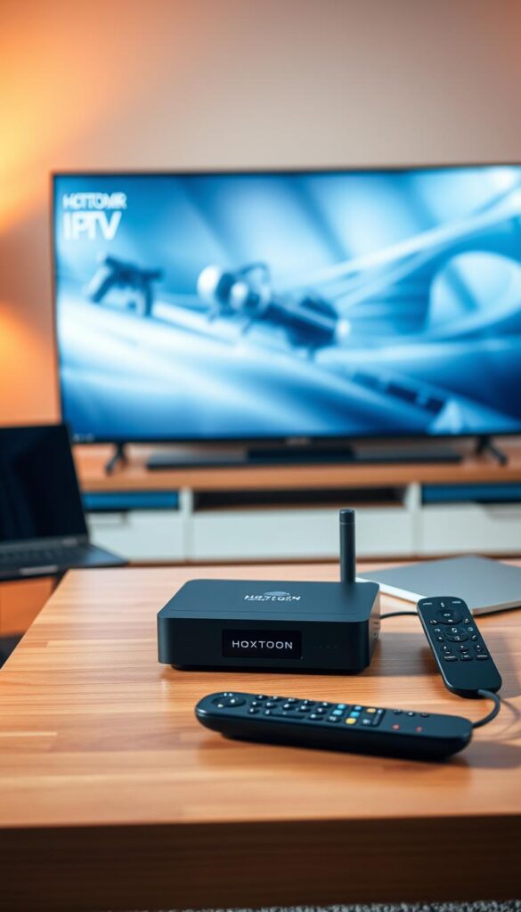 A sleek, modern setup with a Hoxtoon Provider IPTV device prominently displayed on a minimalist wooden table. The device is flanked by a high-end gaming laptop and a modern, cable-free remote control. The room is bathed in warm, diffused lighting, creating a cozy and inviting atmosphere. In the background, a large flat-screen television displays a crisp, uninterrupted video stream, showcasing the seamless IPTV experience with no buffering. The overall scene conveys a sense of technological sophistication and reliable, uninterrupted entertainment.
