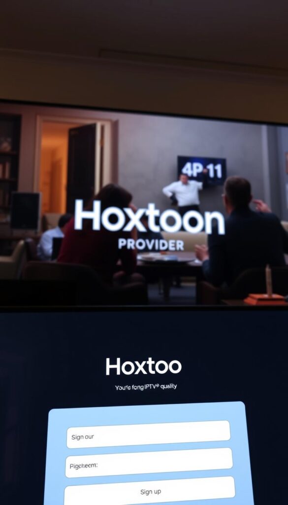 A sleek, modern sign-up interface for the Hoxtoon IPTV service, displayed on a large, high-resolution screen. In the foreground, a simple and intuitive sign-up form with clean typography and well-spaced input fields. Subtle gradients and soft shadows add depth and polish. The middle ground features the Hoxtoon Provider brand prominently, with a bold, minimalist logo and the service name. The background showcases a cinematic, 4K-quality movie scene, hinting at the high-quality content available through the IPTV service. Soft, indirect lighting creates a warm, inviting atmosphere, while a sense of depth and perspective draws the viewer's eye through the layers of the composition.