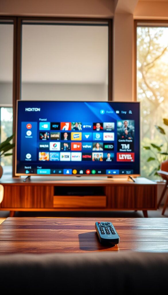 A sleek, modern smart TV displaying the Hoxtoon Provider IPTV interface, showcasing a seamless French channel lineup. The screen is bathed in a warm, cinematic lighting, creating a cozy, living room atmosphere. In the foreground, a minimalist remote control rests on a wooden coffee table, emphasizing the effortless multi-device compatibility. The background features a stylish, mid-century modern interior design, with large windows allowing natural light to filter in, complementing the advanced IPTV technology on display.