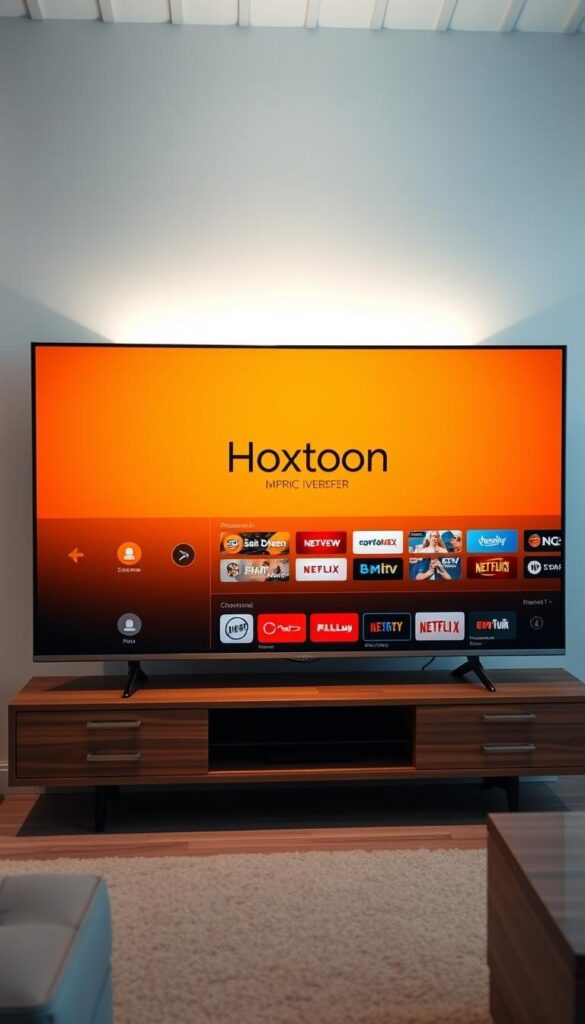 A sleek, modern smart TV displaying the Hoxtoon Provider logo, surrounded by a minimalist, elegant interface showcasing various IPTV channel options. The screen is bathed in a warm, inviting glow, with subtle ambient lighting illuminating the scene. The TV is positioned on a contemporary, wooden media stand, against a backdrop of a clean, minimalist living room setting. The overall atmosphere conveys a sense of high-quality, reliable, and accessible Arabic IPTV content, ready to be enjoyed on the viewer's smart TV.