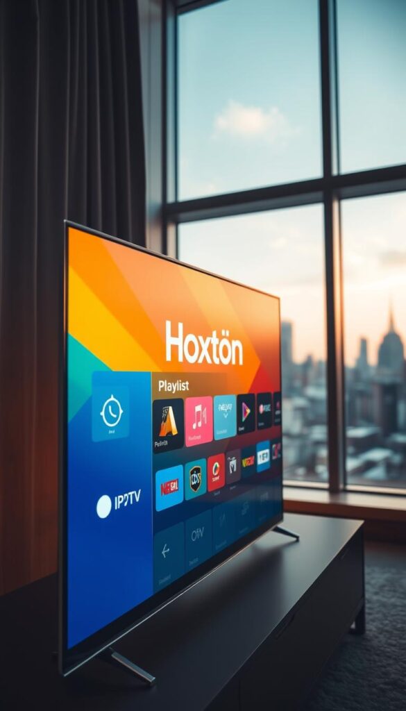 A sleek, modern smart TV displays a vibrant IPTV playlist interface, showcasing the Hoxtoon Provider logo prominently. The screen is bathed in a warm, soft lighting, creating a cozy, inviting atmosphere. The UI elements are elegantly designed, with intuitive navigation controls and a visually appealing layout. In the background, a blurred cityscape can be seen through the TV's large window, adding depth and a sense of place. The overall scene conveys a sense of effortless connectivity and seamless entertainment, reflecting the reliability and user-friendliness of the Hoxtoon IPTV service.