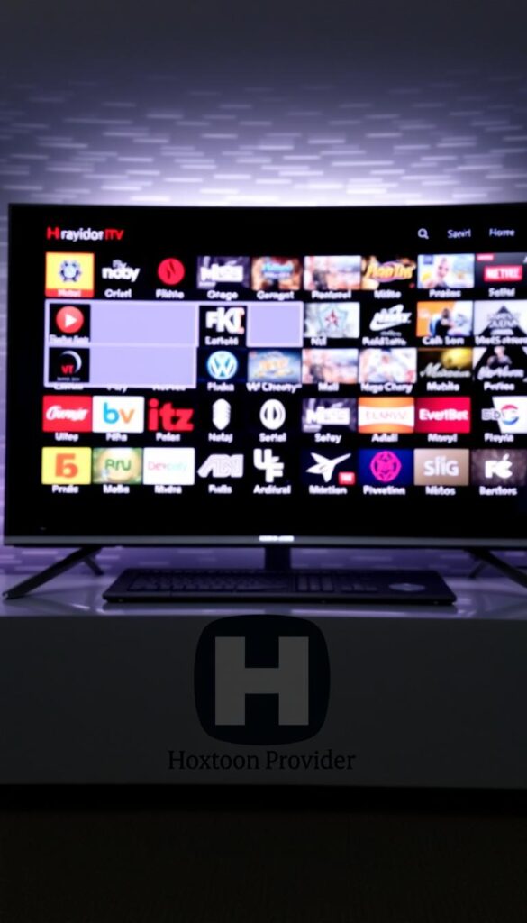 A sleek, modern smart TV screen displays a cluttered, disorganized IPTV playlist, signifying the instability and unreliability of free IPTV services. The screen is dimly lit, creating a somber, foreboding atmosphere. In the foreground, a Hoxtoon Provider logo is prominently featured, hinting at the alternative solution to the problem. The middle ground showcases various IPTV channel icons, some of which are grayed out or missing, symbolizing the frequent channel outages and service disruptions. The background features a blurred, static-like pattern, adding to the sense of uncertainty and impermanence. The overall composition conveys the message that free IPTV playlists are often short-lived and unsustainable, leading the viewer to consider more reliable and long-term IPTV options.