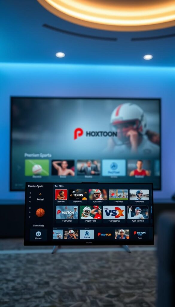 A sleek, modern sports streaming interface showcasing the Hoxtoon Provider IPTV service. In the foreground, a sophisticated UI displays a variety of premium sports channels, from football and basketball to tennis and motorsports, all easily accessible with a few taps. The middle ground features a smooth, minimalist design with clean typography and on-brand visuals, conveying a sense of high-quality, reliable service. In the background, a subtle bokeh effect creates a sense of depth and sophistication, while soft lighting and muted tones evoke a premium, luxurious atmosphere. The overall scene communicates the key features of a premium IPTV provider catering to sports enthusiasts: a robust channel lineup, intuitive interface, and a polished, trustworthy brand identity.