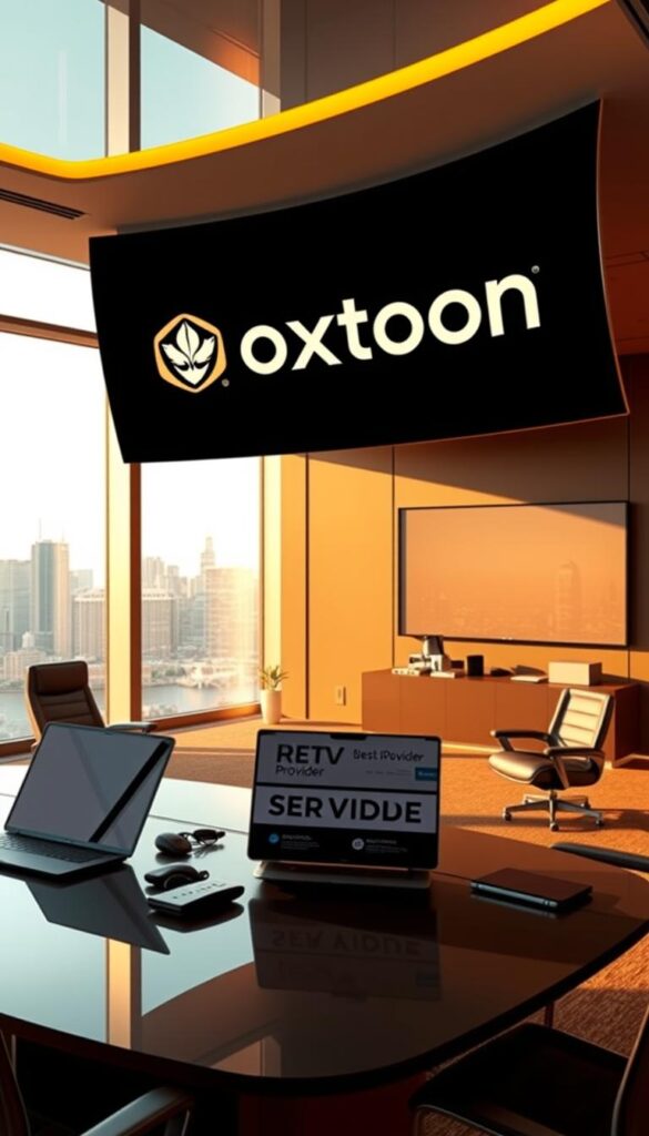 A sleek, modern technology office interior with a large, curved display screen showcasing the Hoxtoon Provider logo. The room is bathed in warm, directional lighting that casts dramatic shadows, creating a professional and authoritative atmosphere. In the foreground, a high-end office desk with a laptop, tablet, and other state-of-the-art equipment. On the desk, a stylized "Best IPTV Service" graphic prominently displayed. The middle ground features several ergonomic chairs and a minimalist, yet sophisticated decor. The background depicts a panoramic city skyline visible through large, floor-to-ceiling windows, conveying a sense of scale and prestige.