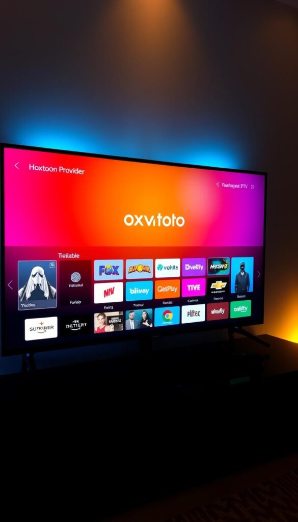 A sleek, modern television screen displaying a vibrant, intuitive user interface showcasing the "Hoxtoon Provider" IPTV service. The screen is surrounded by a dark, minimalist entertainment system, with subtle ambient lighting illuminating the scene. The interface features a clean, organized grid of colorful channel icons, reflecting the wide range of live and on-demand content available. The overall atmosphere conveys a sense of high-quality, reliable, and user-friendly IPTV experience tailored for the Amazon Firestick platform.