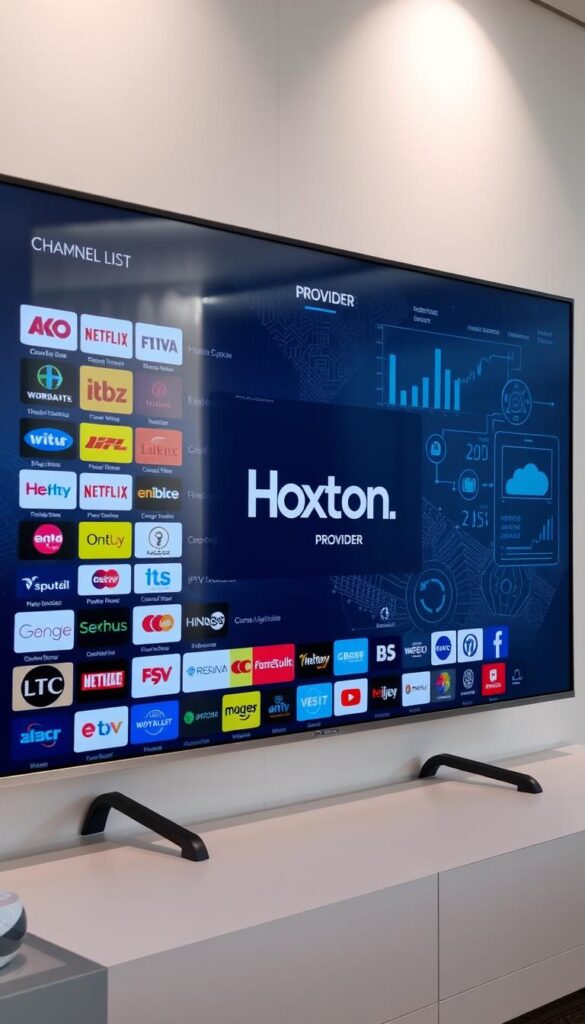 A sleek, modern user interface displaying a comprehensive IPTV channel list on a large, high-resolution display. The foreground showcases a neatly organized grid of channel logos, icons, and descriptions, with a sophisticated color palette and clean typography. The middle ground features the Hoxtoon Provider branding prominently, conveying a sense of quality and reliability. The background subtly blends digital patterns, data visualizations, and technical diagrams, hinting at the robust infrastructure and content library powering the IPTV service. Soft, diffused lighting creates a professional, polished atmosphere, while a slight cinematic camera angle adds depth and perspective to the scene.