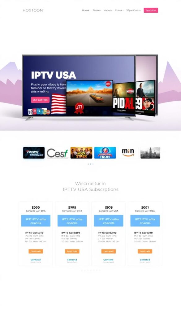 A sleek, modern web interface showcasing a range of IPTV USA packages offered by the Hoxtoon Provider. The interface features a clean, minimalist design with bold typography and high-quality imagery. The foreground highlights the available subscription plans, with clear pricing and feature information. The middle ground depicts various American TV channels and content, hinting at the extensive library accessible through the IPTV service. The background subtly incorporates stylized landscape elements, evoking the diverse entertainment options across the United States. The overall composition conveys a sense of professionalism, reliability, and the convenience of accessing a comprehensive IPTV solution for American viewers.