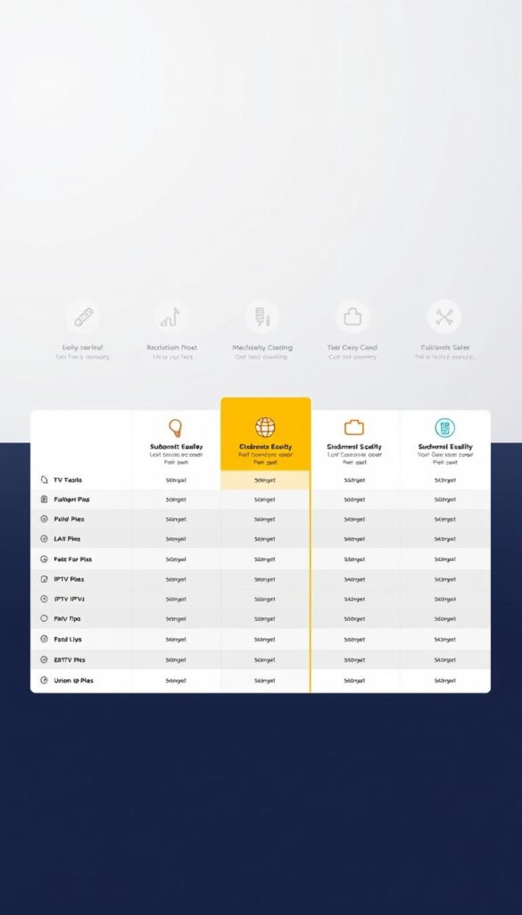 A sleek, modern web interface showcasing the Hoxtoon Provider IPTV subscription plans. In the foreground, a bold and clean-lined table displays the various plan options, highlighted by subtle gradient accents. The middle ground features stylized icons and infographic elements, visually communicating the key plan details. In the background, a soft, minimalist pattern or texture creates a professional, premium atmosphere. The overall composition conveys a sense of clarity, simplicity and high-quality service from the Hoxtoon IPTV provider.