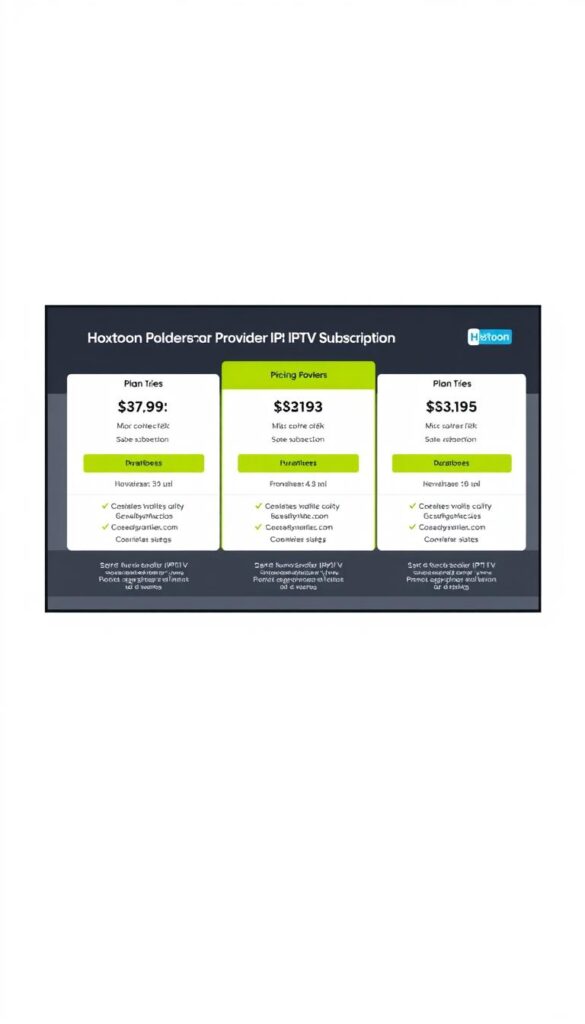 A sleek, modern web interface showcasing the Hoxtoon Provider IPTV subscription plans. In the center, a grid of plan tiers with clear pricing, features, and duration details. The foreground has a bold, high-contrast color scheme with clean typography. The middle ground displays icons and graphics illustrating the plan benefits. The background features a subtle pattern or texture, like a soft gradient or minimalist geometric design, to provide depth and visual interest. The overall aesthetic is sophisticated, informative, and on-brand for Hoxtoon.