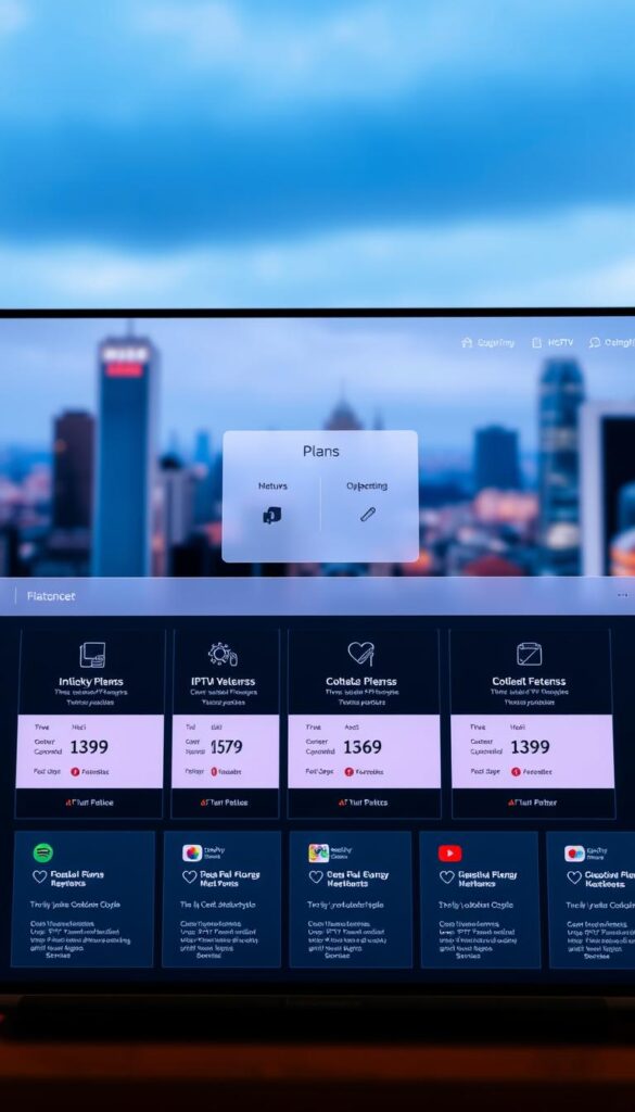 A sleek, modern web interface showcasing the IPTV subscription plans of the Hoxtoon Provider. In the foreground, a grid of plan tiles with elegant typography, icons, and pricing details. The middle ground features a clean, minimalist layout with subtle gradients and geometric shapes, conveying a sense of professionalism and reliability. The background is a blurred, out-of-focus cityscape, hinting at the global reach and connectivity of the Hoxtoon IPTV service. Lighting is soft and diffused, creating a warm, inviting atmosphere. The overall composition is visually striking and designed to highlight the key features and value proposition of the Hoxtoon IPTV subscription plans.