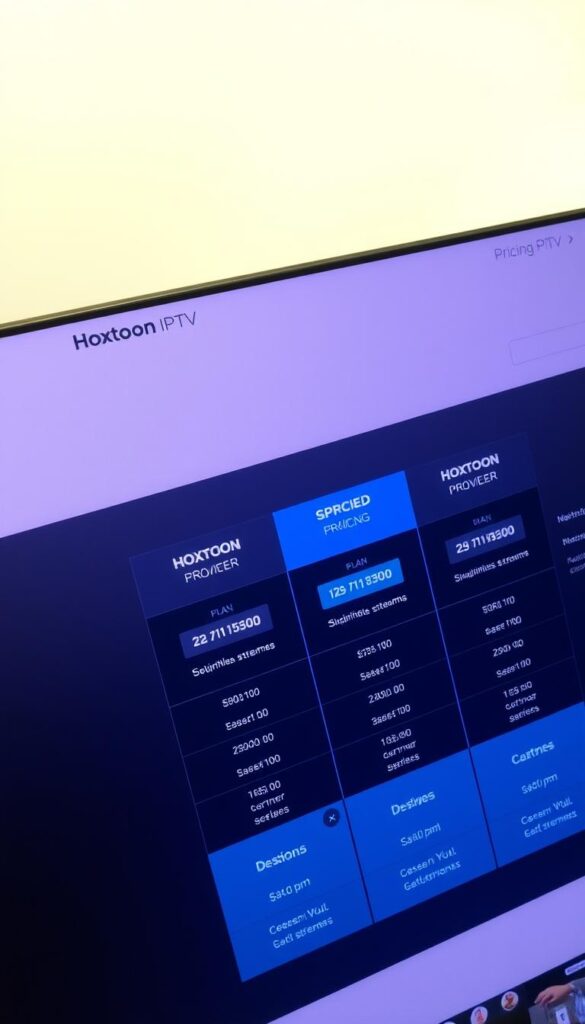 A sleek, modern web interface showcasing the pricing plans for the Hoxtoon Provider IPTV service. The interface has a clean, minimalist design with bold typography and clear delineation of the different plan tiers. The foreground features a prominent display of the plan names, durations, and prices, presented in a table-like layout. The middle ground includes additional details about the plan features, such as channel counts, simultaneous streams, and device compatibility. The background has a subtle gradient or texture that complements the overall aesthetic, creating a sense of depth and professionalism. The lighting is bright and even, highlighting the clarity of the information. The camera angle is slightly elevated, giving an authoritative, bird's-eye view of the pricing structure.