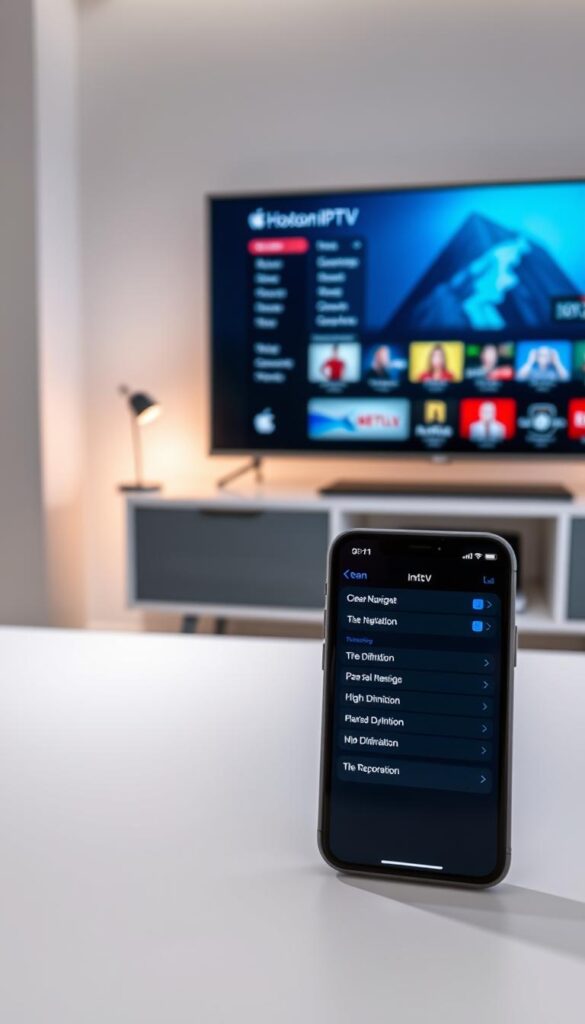 A sleek, modern workspace with an Apple iPhone prominently displayed on a clean, minimalist desk. The iPhone screen shows the Hoxtoon Provider IPTV interface, with clean navigation menus and vibrant, high-definition content. Soft, indirect lighting illuminates the scene, creating a warm, inviting atmosphere. In the background, a large, high-resolution display showcases the IPTV content, providing a clear and immersive viewing experience. The overall composition conveys a sense of seamless, efficient IPTV setup and integration with Apple's ecosystem.