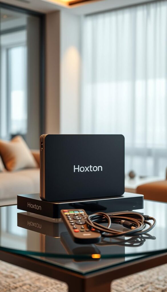A sleek, premium Hoxtoon Provider IPTV box stands prominently on a glass-topped table, bathed in warm, directional lighting that accentuates its clean, modern design. The device's matte black exterior is accented with subtle silver trim, exuding an air of understated elegance. In the middle ground, a remote control and accompanying cables are neatly arranged, showcasing the comprehensive connectivity options. The background features a blurred, minimalist interior, hinting at a stylish, high-end living space that complements the sophisticated aesthetic of the Hoxtoon IPTV box. The overall scene conveys a sense of premium quality, technological prowess, and seamless integration into a discerning user's home environment.