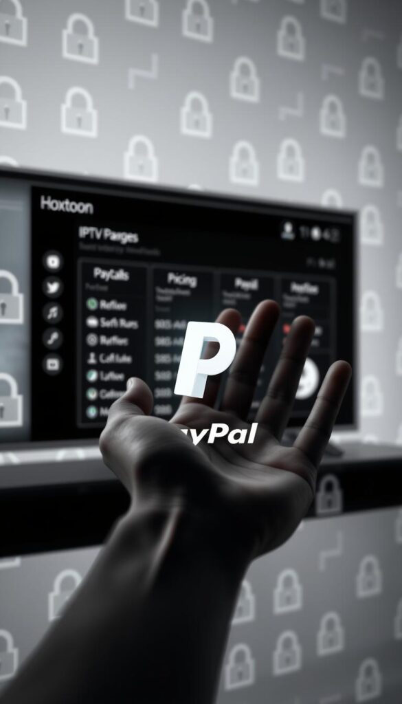 A sleek, secure payment interface showcasing the Hoxtoon Provider IPTV service. In the foreground, a hand hovers over a PayPal logo, surrounded by a minimalist, monochromatic design. The middle ground features a clean, modern dashboard displaying IPTV package options and pricing. In the background, a subtle pattern of lock icons and dollar signs creates a sense of safety and reliability. Lighting is soft and diffused, evoking a professional, trustworthy atmosphere. The overall composition conveys the seamless, risk-free experience of purchasing a lifetime IPTV subscription through a reputable provider like Hoxtoon.