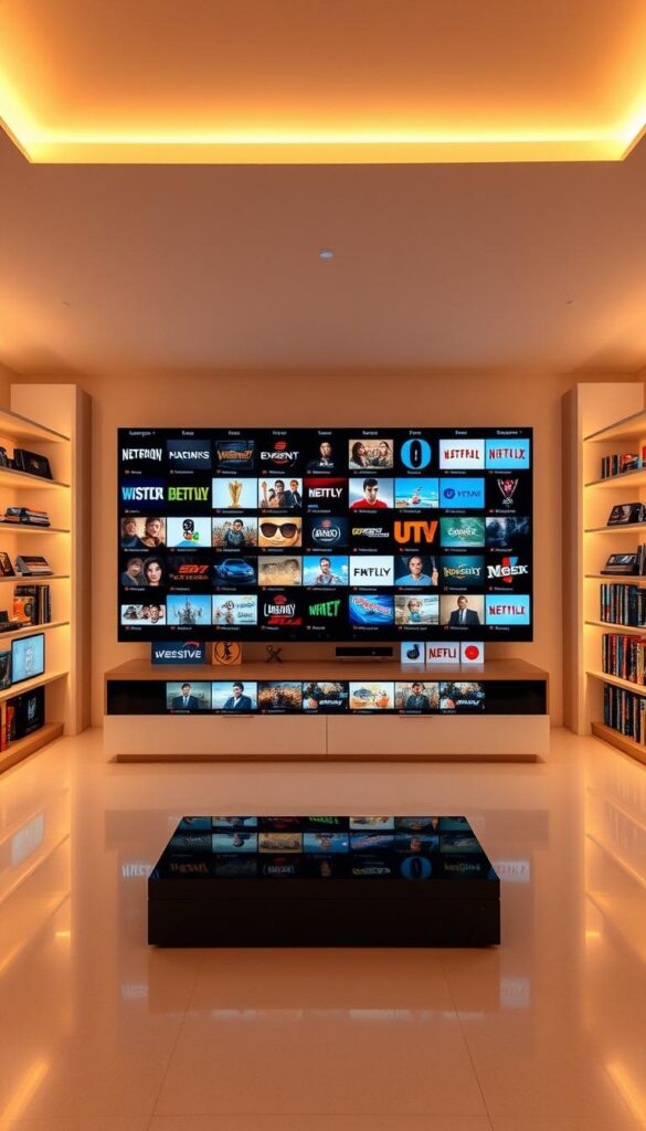 A spacious, well-organized IPTV content library, showcasing a vast array of channels and on-demand titles. The sleek, minimalist interface of the Hoxtoon Provider platform is displayed, allowing users to seamlessly browse and access a diverse range of entertainment options. Warm, soft lighting illuminates the clean, modern layout, creating a visually appealing and inviting atmosphere. The middle ground features a grid of thumbnails representing the extensive content catalog, while the background subtly suggests a sense of depth and sophistication. The overall impression conveys the reliable, user-friendly experience that the Hoxtoon Provider IPTV service aims to deliver.