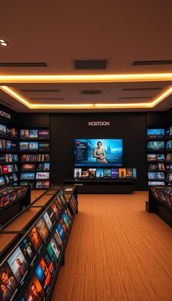A spacious, well-organized content library with a sleek, modern interface. In the foreground, rows of colorful channel logos and thumbnails of popular on-demand titles are neatly arranged, conveying the expansive Hoxtoon IPTV content selection. The middle ground features a large, high-resolution display showcasing stunning 4K video, while the background depicts a sophisticated, minimalist design with subtle brand elements. Warm, balanced lighting creates a professional, inviting atmosphere. Captured with a wide-angle lens to emphasize the scale and breadth of the Hoxtoon Provider's comprehensive media library.