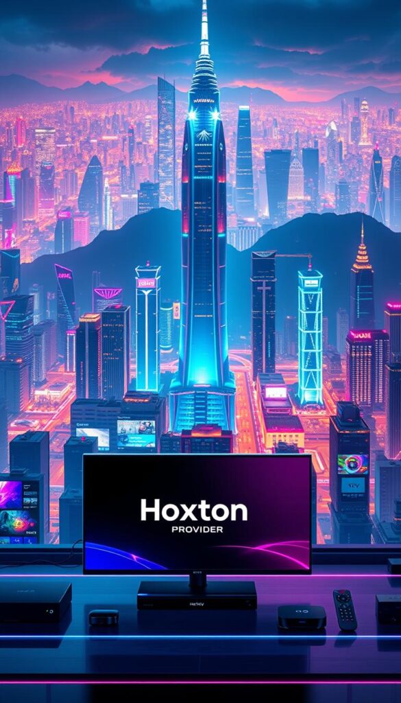 A sprawling, futuristic IPTV landscape set against a vibrant, neon-tinged cityscape. In the foreground, a sleek, modern interface showcases the Hoxtoon Provider brand, its clean lines and vibrant colors drawing the eye. The middle ground features a bustling array of connected devices, from smart TVs to streaming boxes, all seamlessly integrating with the IPTV service. In the background, a towering skyline of gleaming skyscrapers and pulsing data centers, illuminated by a dazzling display of light and energy, symbolizing the vast technological infrastructure powering the IPTV revolution. The scene is bathed in a cool, otherworldly glow, conveying a sense of futuristic sophistication and the rapid evolution of the IPTV landscape in 2023.