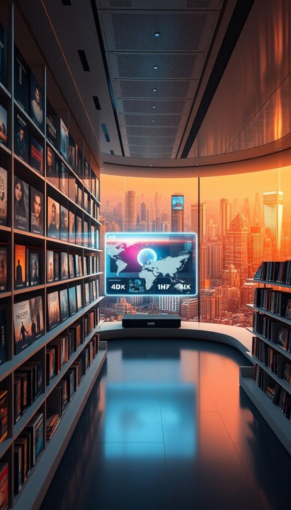 A sprawling, futuristic content library of the Hoxtoon Provider IPTV receiver, showcasing a vast array of 4K, HDR, and AI-enhanced media. In the foreground, sleek, minimalist shelves display a curated selection of the latest blockbusters, critically acclaimed series, and niche documentaries. The middle ground features a large, holographic display showcasing a seamless, intuitive interface for browsing and discovering content, bathed in a warm, ambient glow. In the background, a panoramic, cityscape view of a gleaming, hyper-connected metropolis, hinting at the boundless possibilities of the Hoxtoon ecosystem. The scene conveys a sense of technological sophistication, immersive entertainment, and a future where content consumption is effortless and personalized.