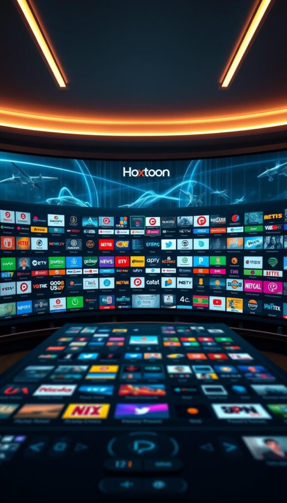 A sprawling, high-definition IPTV control panel, showcasing the expansive content library of the "Hoxtoon Provider". In the center, rows of colorful channel logos and thumbnails stretch out, hinting at the diversity of entertainment options. The background features a sleek, futuristic user interface, with clean lines and a minimalist aesthetic. Subtle ambient lighting casts a warm glow, creating a visually striking and immersive scene. The overall composition conveys the power and quality of Hoxtoon's comprehensive IPTV service, ready to deliver a premium viewing experience.