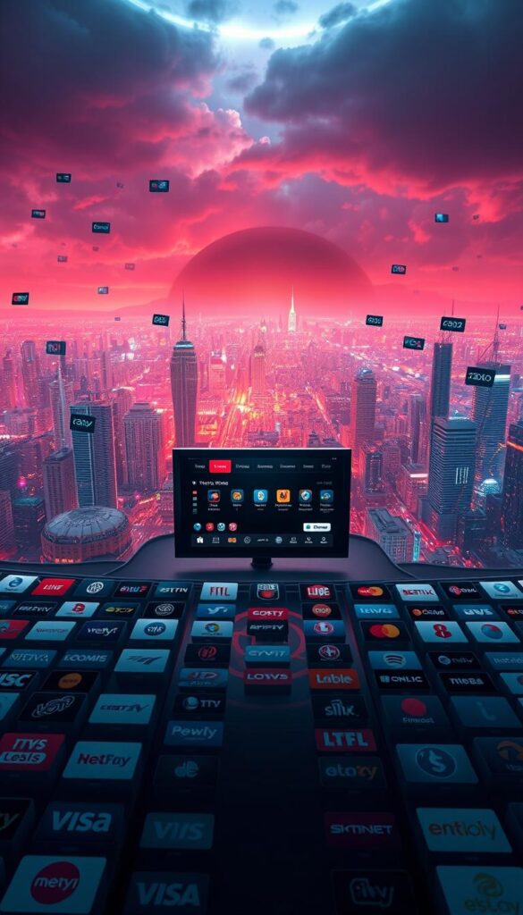 A sprawling, hyper-realistic digital landscape showcasing the premium IPTV channels offered by the Hoxtoon Provider. The foreground features rows of stylized, high-definition channel logos floating in midair, conveying the sheer breadth of the service's impressive 21,000+ live channel selection. The middle ground depicts a sleek, futuristic media center interface, hinting at the seamless user experience. In the background, a vibrant, neon-tinged cityscape stretches out, representing the global reach and connectivity of the IPTV network. Dramatic cinematic lighting and a moody, atmospheric color palette lend a sense of premium quality and exclusivity to the scene.