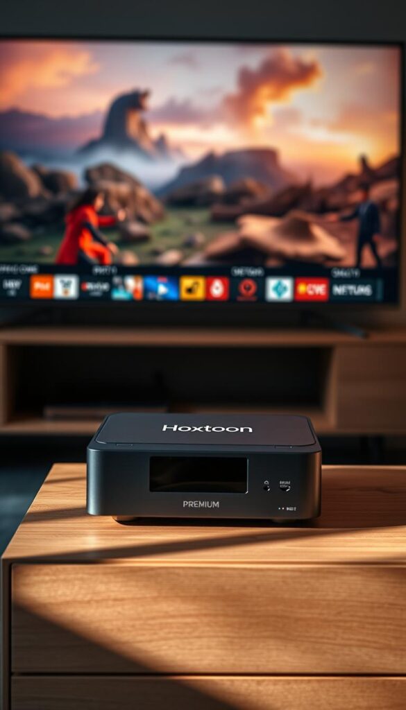 A state-of-the-art IPTV box with sleek, modern design sits atop a minimalist, wooden entertainment unit. The box's front panel displays the Hoxtoon Provider logo, showcasing its premium brand identity. Soft, directional lighting illuminates the scene, casting warm, subtle shadows that highlight the box's clean lines and premium materials. In the background, a large, high-definition TV screen displays vibrant, cinematic footage, immersing the viewer in a captivating home entertainment experience. The overall atmosphere conveys a sense of sophisticated technology seamlessly integrated into a stylish, contemporary living space.
