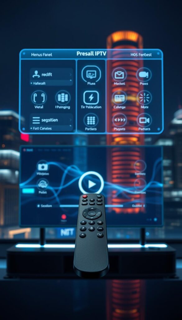 A state-of-the-art IPTV control panel interface showcasing the Hoxtoon Provider service, set against a backdrop of a futuristic cityscape at night. Sleek, holographic menus and icons float above a central display, bathed in cool, neon-tinged lighting. In the foreground, a sophisticated remote control hovers, its elegant design and minimalist aesthetics highlighting the seamless, high-tech experience of IPTV. The scene conveys the revolutionary, cutting-edge nature of this technology, transforming the way Europeans consume television content.