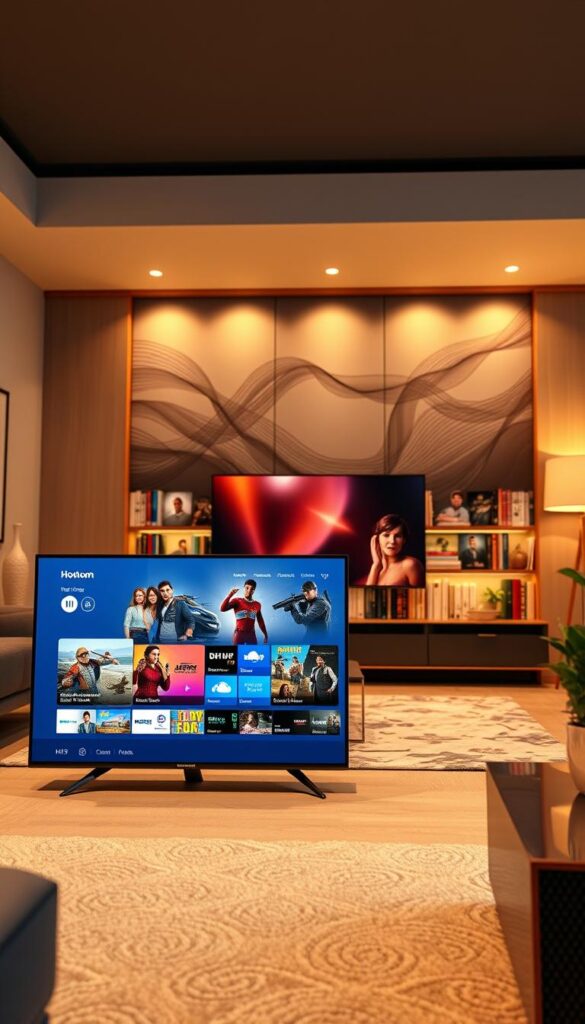 A state-of-the-art IPTV service with a visually compelling TV guide interface. The foreground depicts the Hoxtoon Provider's sleek and intuitive user interface, showcasing a crisp, high-definition TV guide with a clean layout and easy-to-navigate menus. The middle ground features a vast library of on-demand content, with a diverse selection of genres and titles seamlessly integrated into the platform. In the background, a sophisticated rendering of a living room setting creates a cozy, immersive atmosphere, inviting the viewer to experience the service's extensive entertainment options. Warm, soft lighting enhances the overall ambiance, while a slightly low camera angle emphasizes the service's user-friendly and accessible nature.