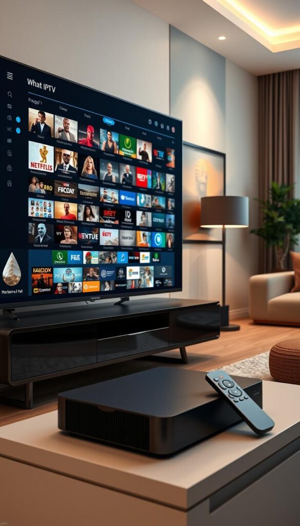 A state-of-the-art IPTV service with an expansive EPG, showcasing a sleek and intuitive interface. In the foreground, a large flat-screen TV displays a rich array of live channels, their program details visible in a visually striking electronic program guide. The middle ground features a modern, minimalist entertainment setup with a sophisticated Hoxtoon Provider set-top box and elegant remote control. The background sets the scene with a stylish, contemporary living room, bathed in warm, diffused lighting that creates a cozy, inviting atmosphere. The overall composition conveys the seamless integration of cutting-edge technology and refined, living room aesthetics.