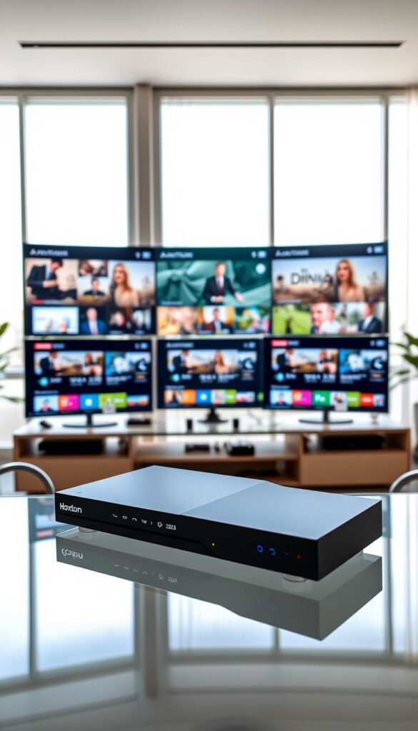 A state-of-the-art IPTV setup in a modern home office. The foreground showcases a Hoxtoon Provider streaming device, sleek and minimalist in design, resting on a glass-topped desk. In the middle ground, multiple high-definition screens display various IPTV channels, with a dynamic user interface and intuitive controls. The background features floor-to-ceiling windows, allowing natural light to flood the space, creating a bright and airy atmosphere. The overall scene conveys the convenience and technological sophistication of IPTV services in 2023.